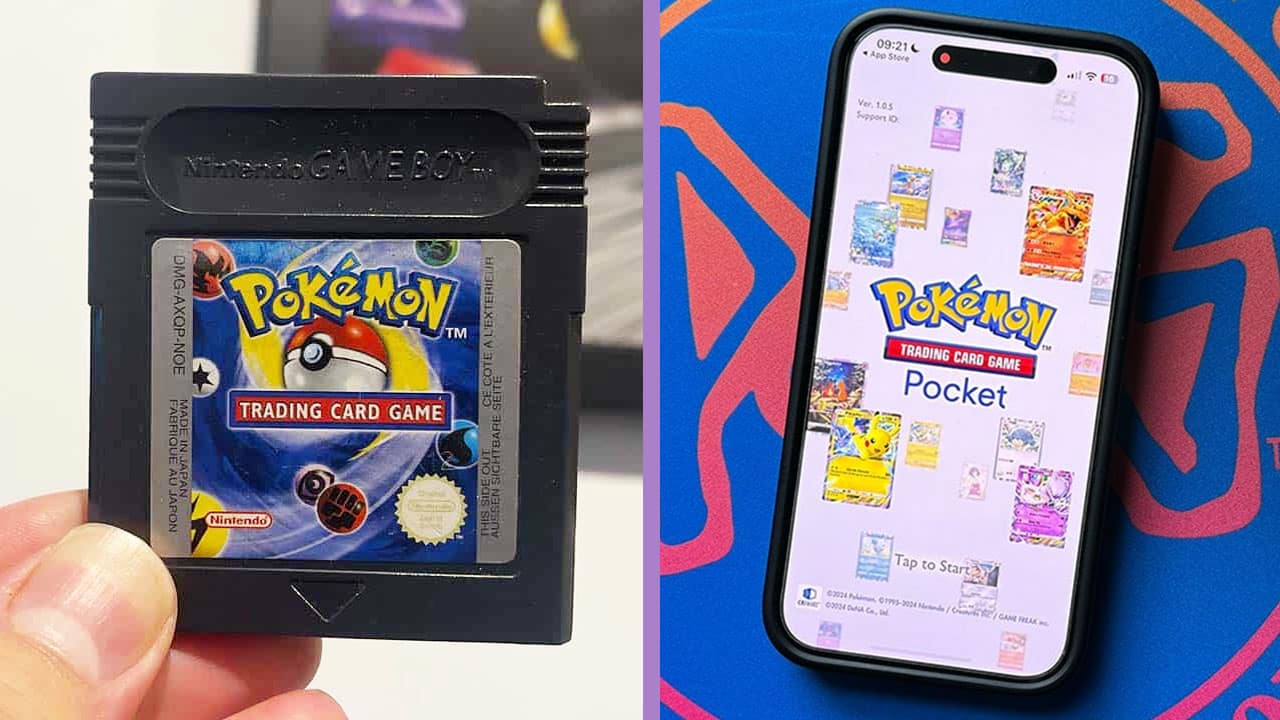 Pokemon TCG Cart on the left, title screen of TCGP on the right