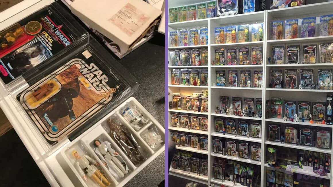 Expensive star wars figurines (left) and star wars figures on shelves (right)