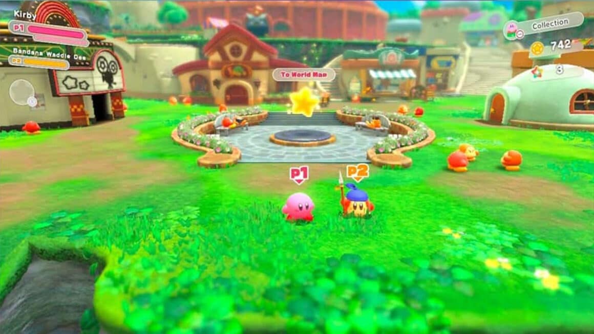 Kirby and Bandana Waddle Dee in grass on a level in The Forgotten Land