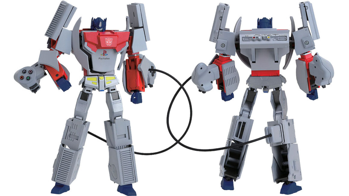 an image of the back and front of the Takara Tomy Transformers PlayStation Optimus Prime figure