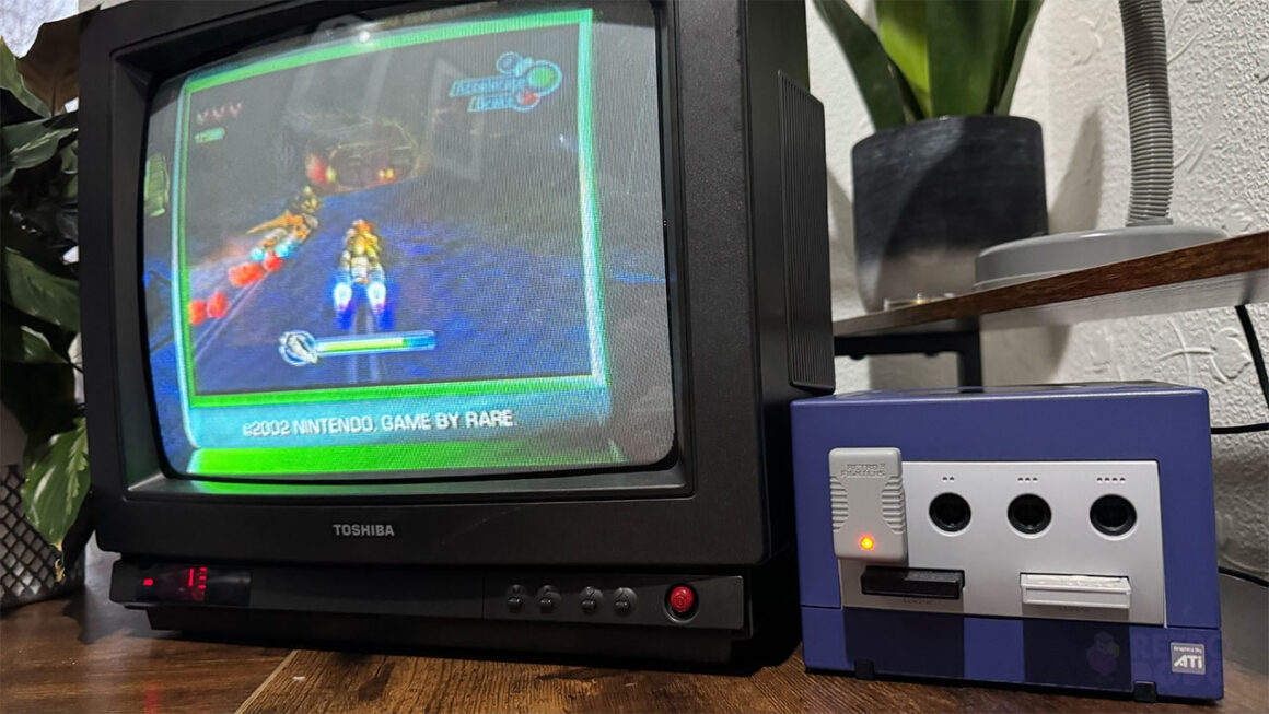 Seb's original GameCube with the Retro Fighters wireless dongle attached