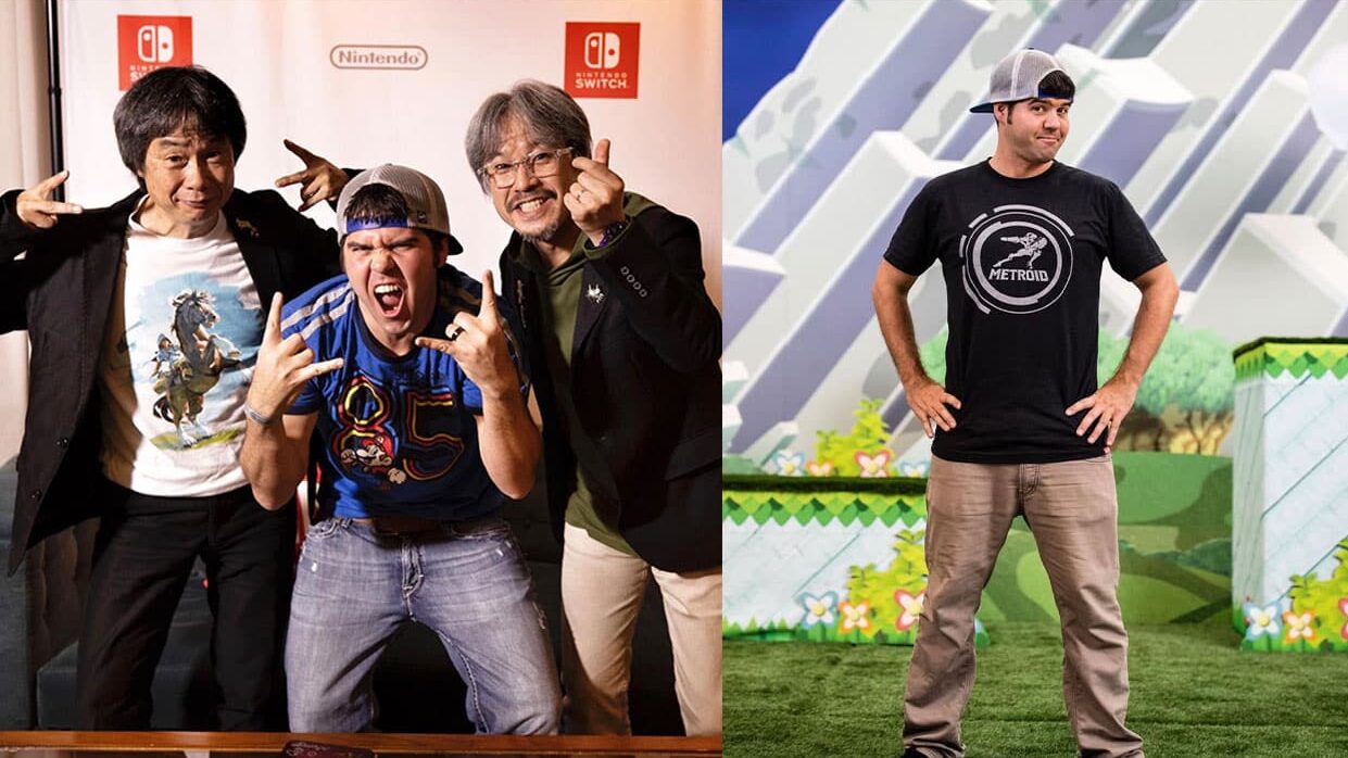 Devin meeting Miyamoto and Aonuma (left) and standing in front of a Nintendo background (right)