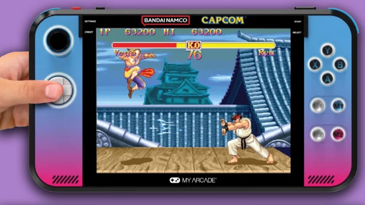 My Arcade X Bandai-Namco X Capcom Gamestation Retro Go handheld showing A scene from a Street Fighter game