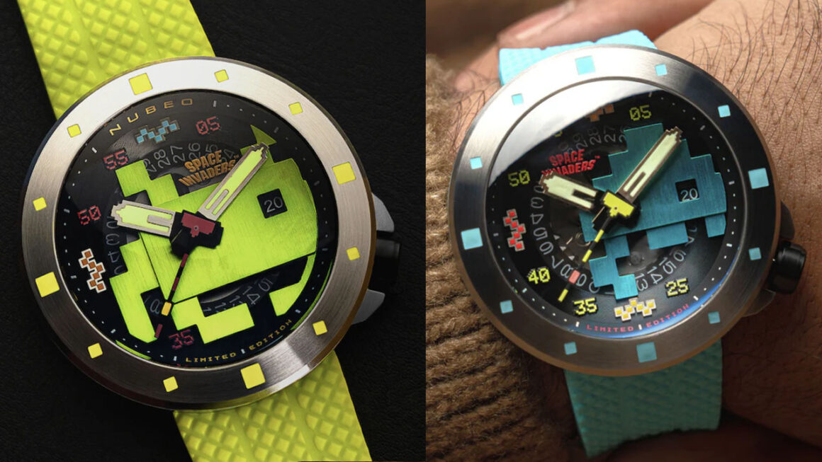 Two colours from the Cassini Automatic Space Invaders watch range