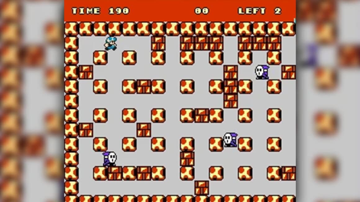 Toad running in a Bomberman-style maze with Shy guys as enemies.